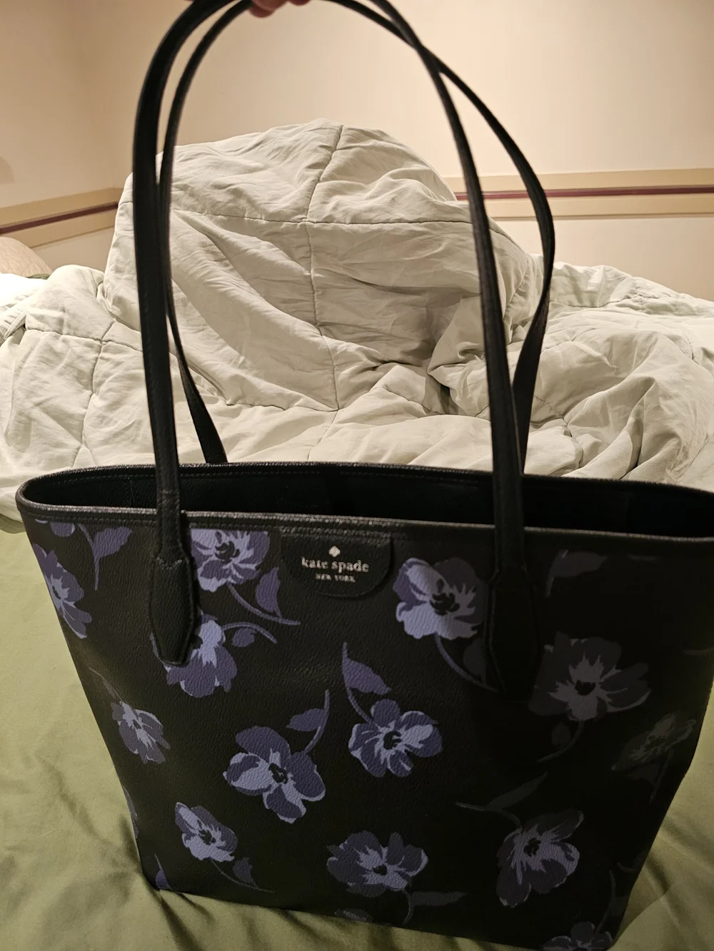 Kate Spade Black Blue Purple Floral Tote Purse Bag With Zipper Vegan Leather - Picture 3 of 9